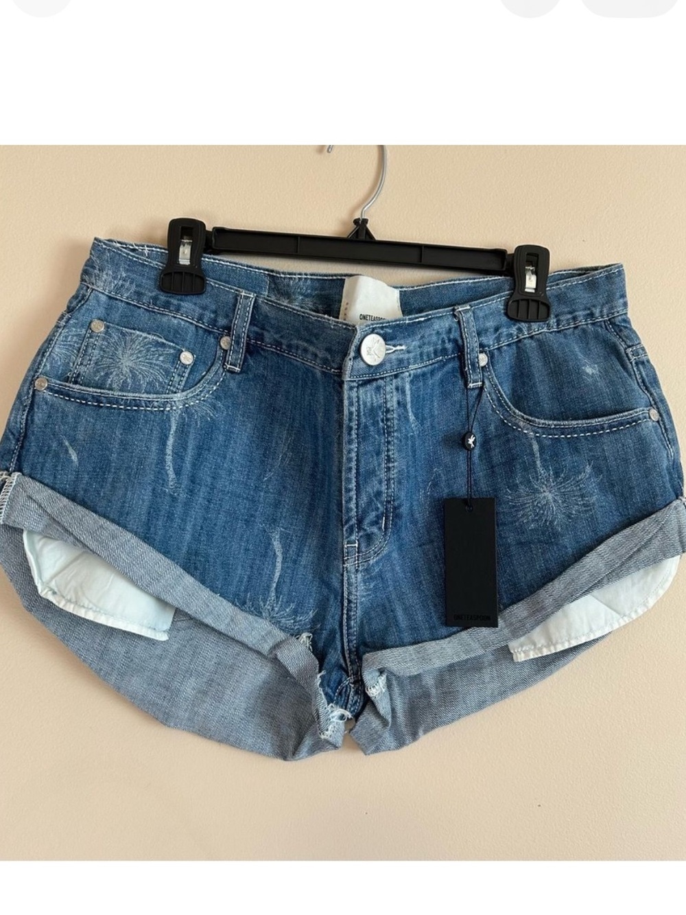 NWT One Teaspoon Bandits Malibu Palm Denim Shorts Ocean Blue Size 31 Distressed